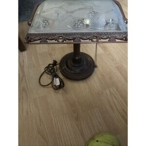Bronze Bankers Desk Lamp Frosted Etched Glass Tilting Shade 15” Tall